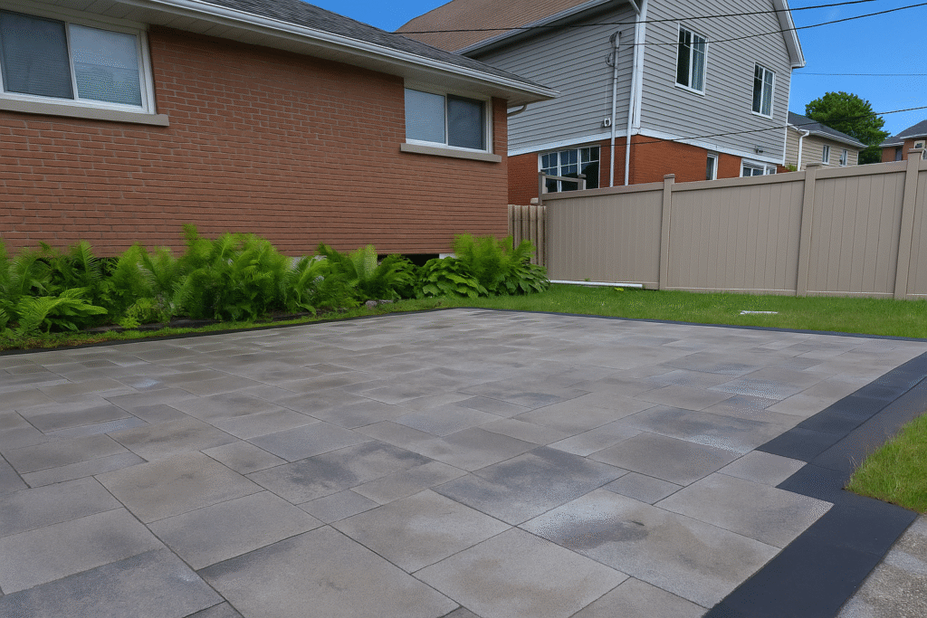 Newly completed interlock patio in Ottawa backyard with clean stone pattern and lush green landscaping